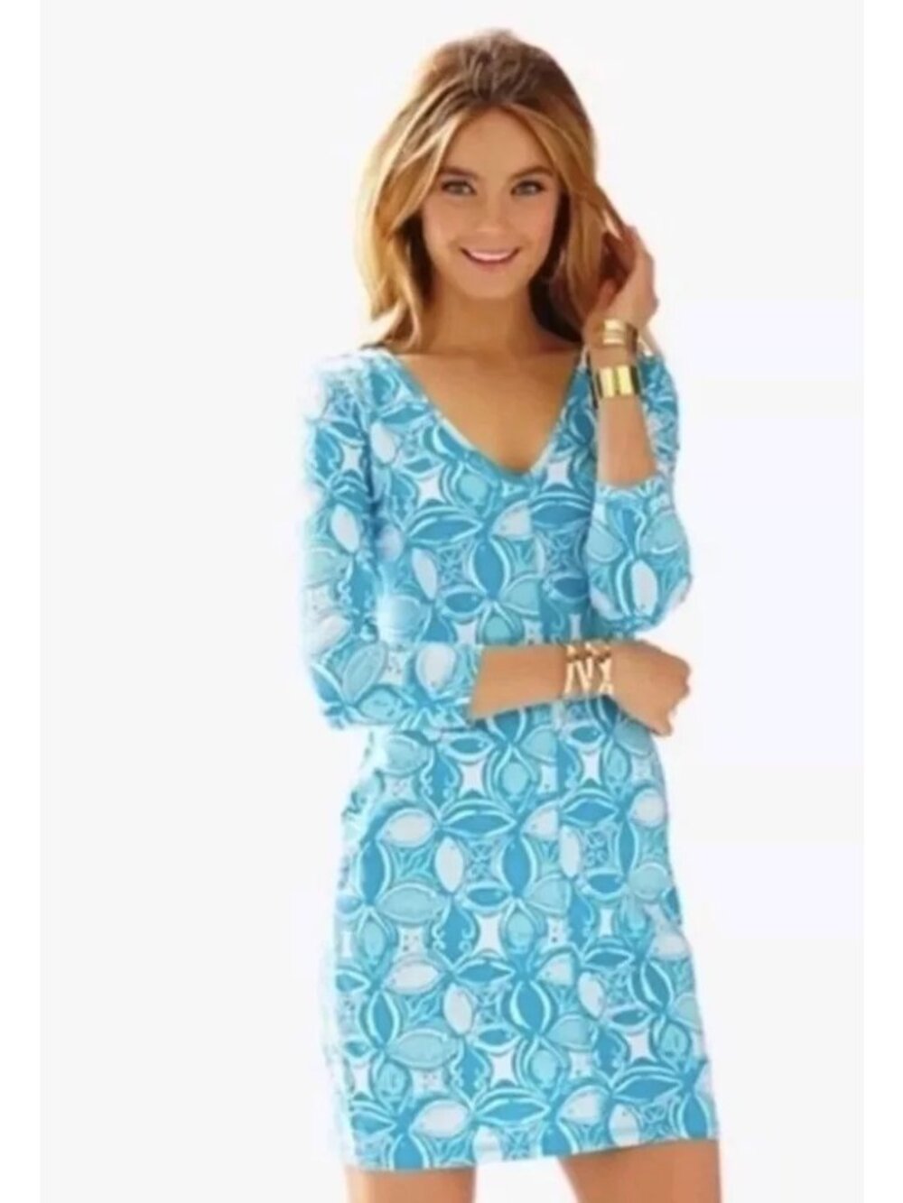 Lilly Pulitzer Juliet What a Racquet V-Neck Dress Blue White Fish 91327 Medium